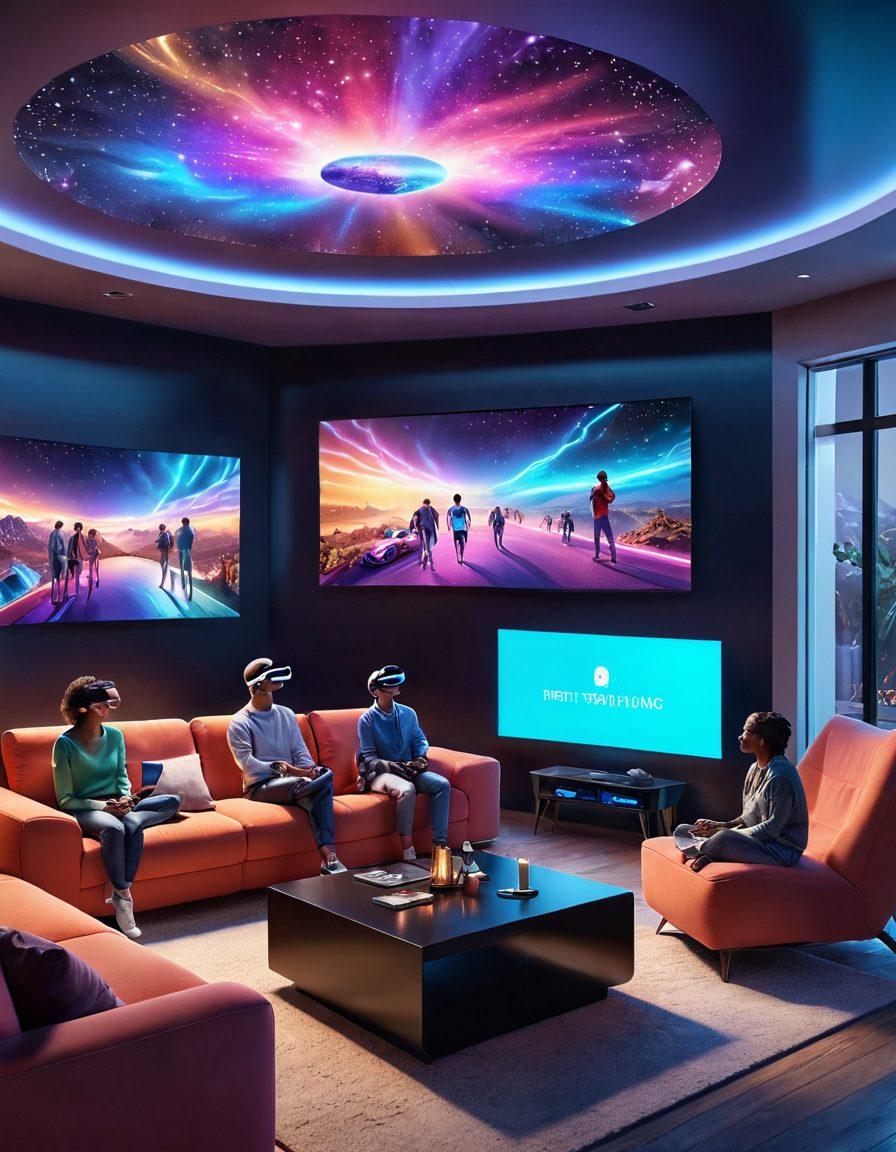 A futuristic living room with a large holographic screen displaying a variety of entertainment options, holograms of a diverse group of people enjoying virtual reality experiences, and a seamless blend of technology with cozy furniture. The lighting should be soft and inviting, illustrating a next-gen atmosphere. super-realistic. vibrant colors. 3D.