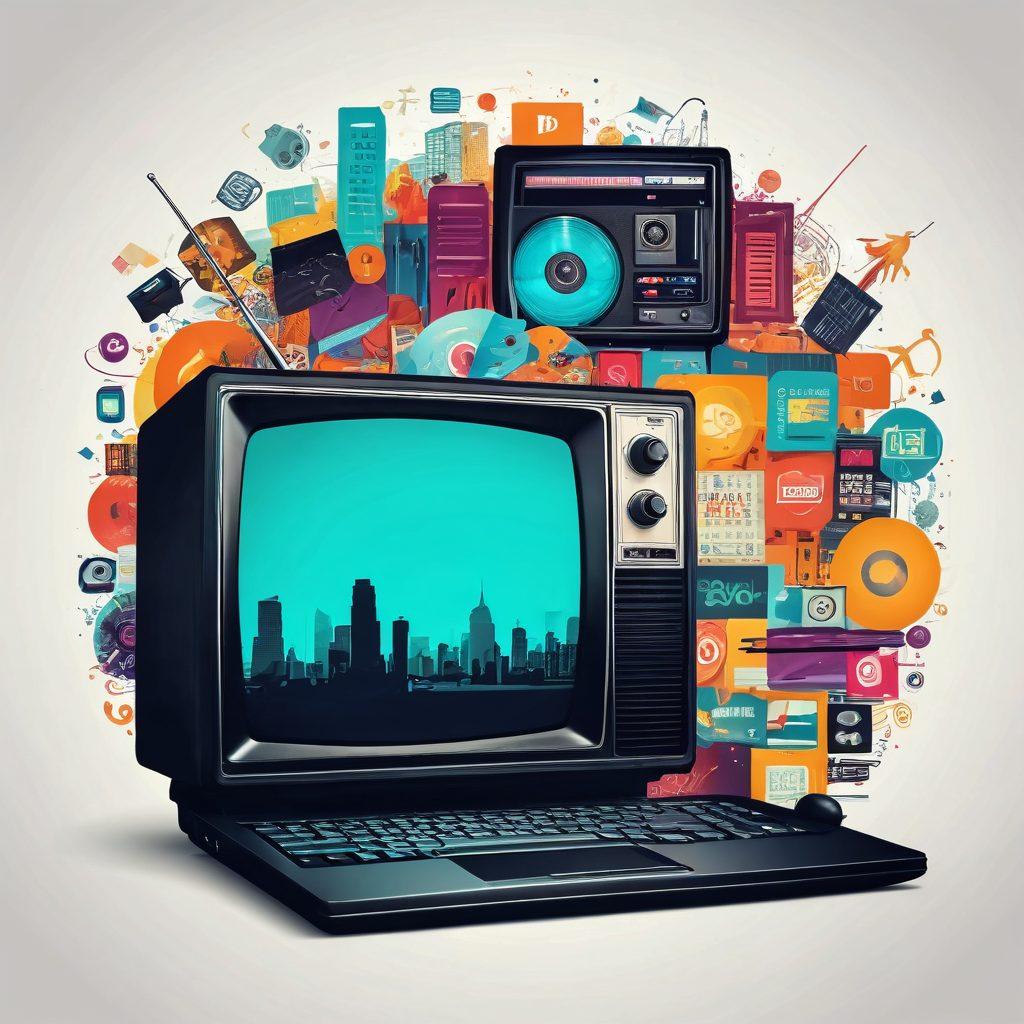 A dynamic montage depicting the evolution of entertainment from traditional TV networks to modern web series. Feature a vintage television set transitioning into a sleek laptop with streaming icons. Incorporate vibrant characters from various genres like drama, comedy, and sci-fi, showcasing diversity and innovation in storytelling. The backdrop should blend elements of both a classic living room and a contemporary digital environment, symbolizing the shift in consumption. colorful illustration. modern digital art.