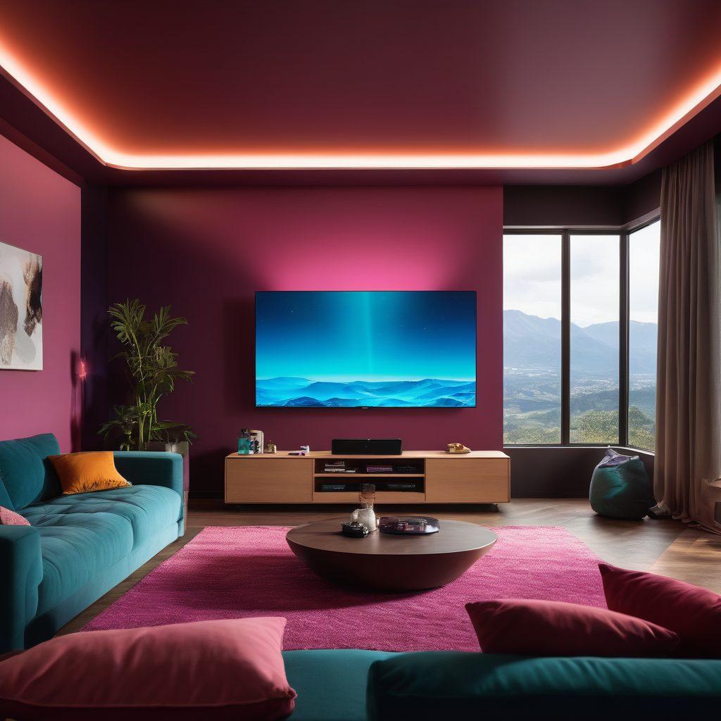 A futuristic living room with a large screen displaying various streaming platforms, surrounded by cozy snuggles and popcorn, showcasing the essence of binge-watching. The room is filled with ambient lighting and innovative tech gadgets, emphasizing a modern and relaxed atmosphere. Include elements like a streaming remote and a virtual reality headset to highlight the innovative aspect of Mino's streaming services. vibrant colors. super-realistic.
